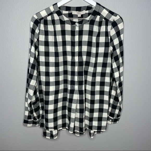 Loft Gingham Checkered Popover Hidden Button Down Shirt - Picture 1 of 4
